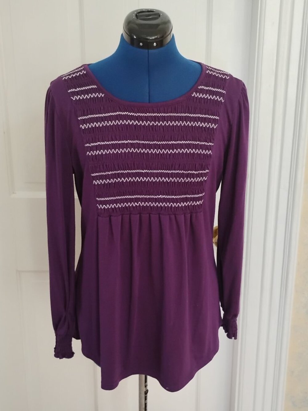 Dark Purple Long Puff Sleeve Smocked Tunic top